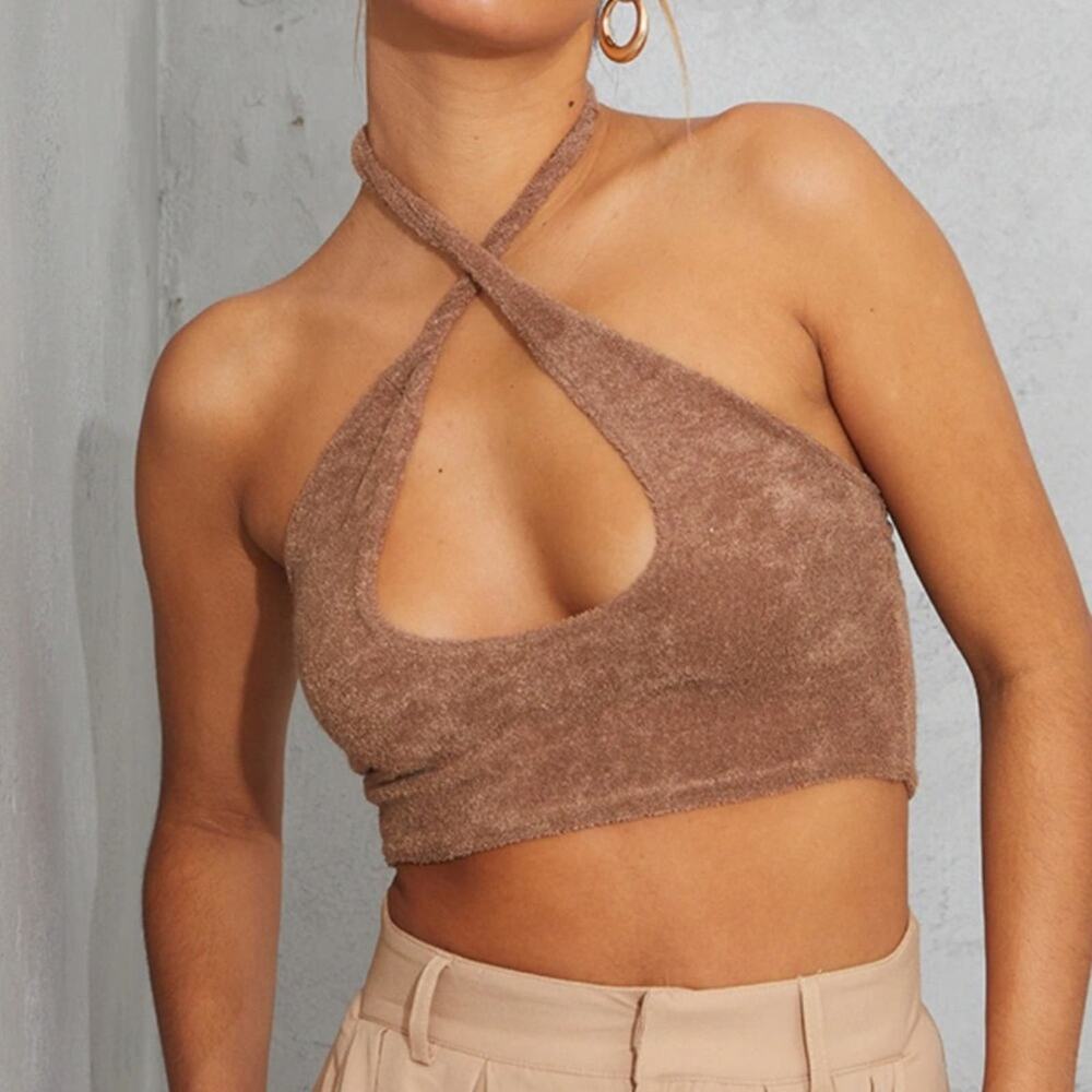 PrettyLittleThing Brown Towelling Cross Over Halter Crop Top S 6